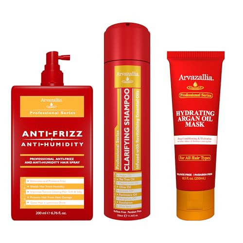 Arvazallia Anti-Frizz Anti-Humidity Spray Hydrating Argan Oil Hair Mask And Clarifying Shampoo Treatment Bundle - The Perfect Combination For Soft Silky Frizz- Hair