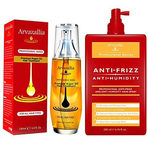 Arvazallia Premium Argan Oil Hair Treatment And Anti-Frizz & Anti-Humidity Hair Spray Bundle - For Gorgeous Soft Silky Shiny Hair That Lasts