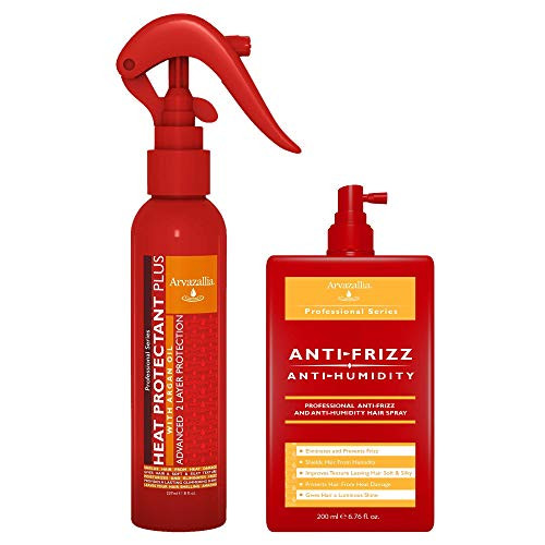 Arvazallia Heat Protectant And Anti-Frizz & Anti-Humidity Hair Spray Products Bundle - Professional Grade Heat Protection And Frizz Control For Soft Silky Frizz- Hair