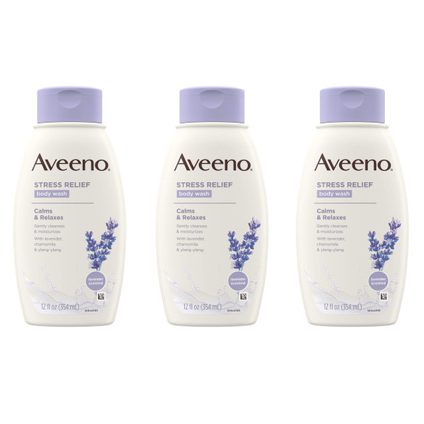 Aveeno Stress Relief Body Wash With Soothing Oat Lavender Chamomile & Ylang-Ylang Essential Oils Hypoallergenic Dye- & Soap- Calming Body Wash 12 Fl. Oz (Pack Of 3)