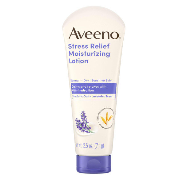Aveeno Stress Relief Moisturizing Body Lotion With Prebiotic Oat & Lavender Scent For Sensitive Skin Calms & Relaxes With 48 Hour Hydration Non-Greasy Travel Size 2.5 Oz