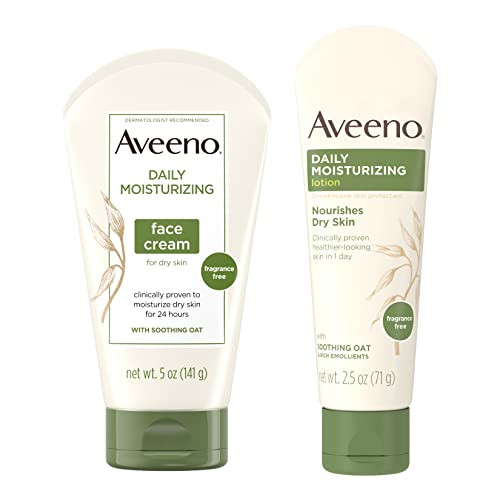 Aveeno Daily Moisturizing Fragrance- Face & Neck Cream Oat Facial Moisturizer For Dry Skin 5 Oz & Aveeno Daily Moisturizing Body Lotion With Soothing Oat 2.5 Oz (2 Item Product Bundle)