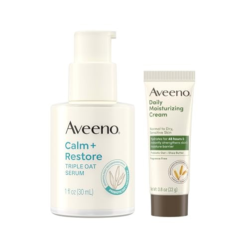 Aveeno Skin-Care Bundle For Sensitive Skin Calm + Restore Triple Oat Hydrating Facial Serum 1 Fl. Oz & Travel Size Daily Moisturizing Cream + Prebiotic Oat 0.5 Oz Fragrance Two Items