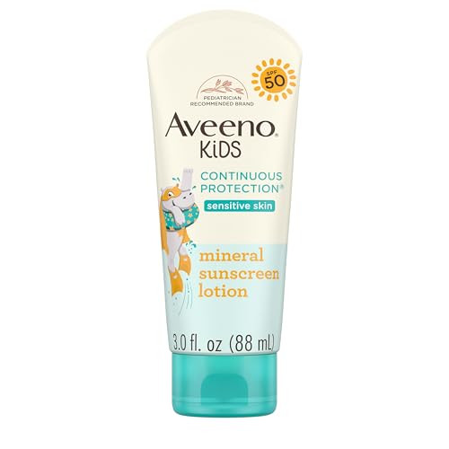Aveeno Kids Continuous Protection Zinc Oxide Mineral Sunscreen Lotion For Children's Sensitive Skin With Broad Spectrum Spf 50 Tear- Sweat- & Water-Resistant Non-Greasy 3 Fl. Oz