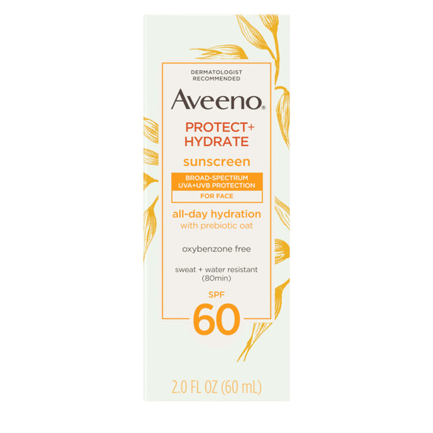 Aveeno Protect + Hydrate Face Sunscreen Spf 60 Broad Spectrum For Sensitive Skin Travel Size Water Resistant (80 Minutes) Paraben Oxybenzone & Oil 2 Fl Oz