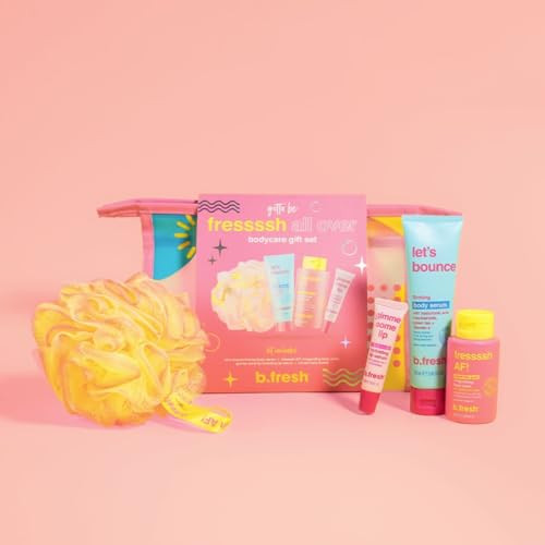 B.Tan B.Fresh Body Care Set Fressssh All Over - Self Care Kit Includes Travel Size Body Wash Firming Body Serum And Full Size Loofah With Hydrating Lip Serum Christmas Stocking Stuffer