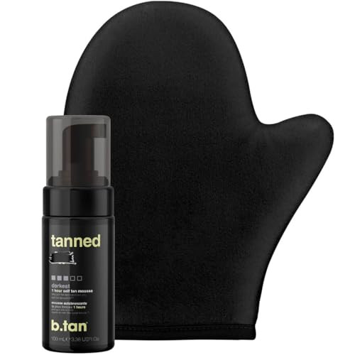 B.Tan Travel Size Dark Self Tanner Kit Get Tanned Mini Bundle - Dark Fake Tanning Mousse With Mitt Applicator 1 Hour Express Sunless Foam Best Fast Bronzing Glow Vegan Cruelty 3 Fl Oz