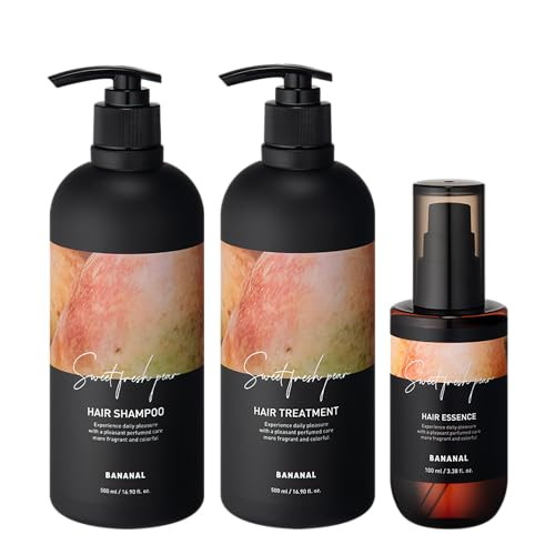 Bananal Perfumed Hair Care Trio Shampoo Treatment & Essence Damage Repair Frizz Control & Shine Botanical Oils Keratin & Amino Acids Korean Hair Scalp Sweet Fresh Pear 16.9 Fl Oz 2 + 3.38 Fl Oz
