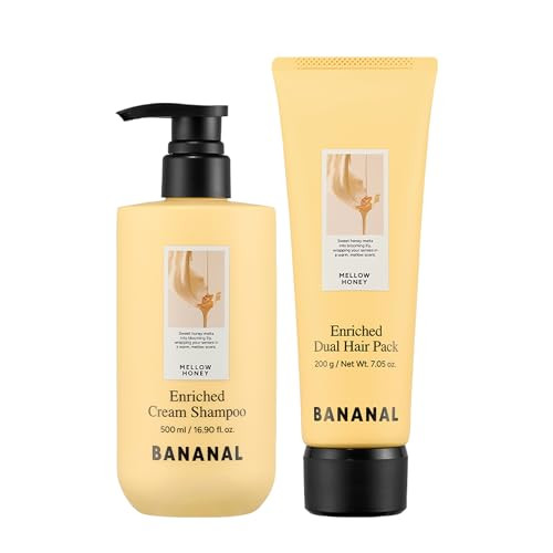 Bananal Korean Enriched Cream Shampoo & Mask Pack Duo For Dry Damaged Hair Sea Water & Rice Protein Silk Honey Frizz Care Glow Deep Conditioning 16.9 Fl Oz + 7.05 Oz