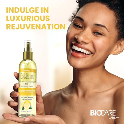 Biocare Skin Toning & Brightening Oil - Infused With Vitamin C Rosehip Seed Oil Vitamin E - Nourishing And Non-Greasy Body Oil For Hydrated Radiant Even Skin Texture And Complexion 6 Oz