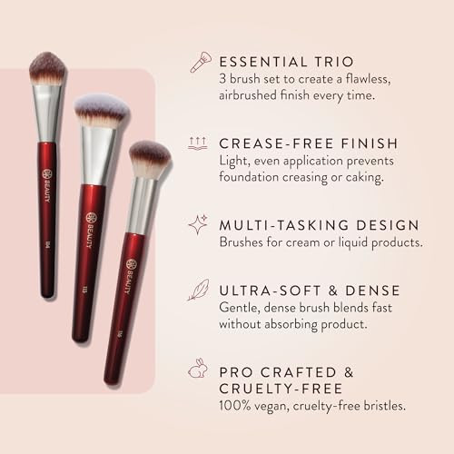 Bk Beauty Core Complexion Trio Makeup Brushes Set (3Pc) Foundation Concealer And Blending Brushes For Liquid Cream & Powder Vegan Cruelty- Ultra-Soft Face Makeup Brushes