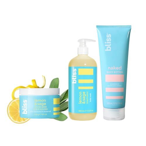 Bliss Skincare Trio - Body Butter - Unscented - Maximum Moisture Cream - 6.7 Fl Oz Satin-Skin Body Polish And Soapy Suds Body Wash In Lemon And Sage