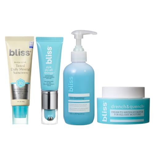 Bliss Skin Starter Kit 4Pc Set: Fab Foaming Exfoliating Cleanser Drench & Quench Moisturizer Block Star Daily Mineral Spf 30 Eye Do All Things Brightening Eye Cream