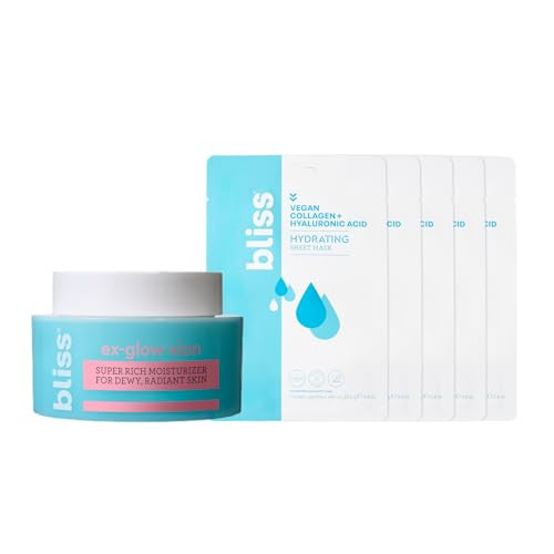 Bliss Ex-Glow-Sion Super Rich Face Moisturizer For Dewy Radiant Skin Advanced Shea Butter Nourishes & Hydrates And 5-Pack Hyaluronic Acid + Vegan Collagen Sheet Mask To Hydrate & Plump Skin