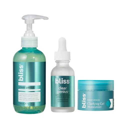 Bliss Clear Genius 3-Step System: Clarifying Overnight Liquid Peel Clarifying Gel Cleanser And Clarifying Gel Moisturizer With Clarity 5 Complex