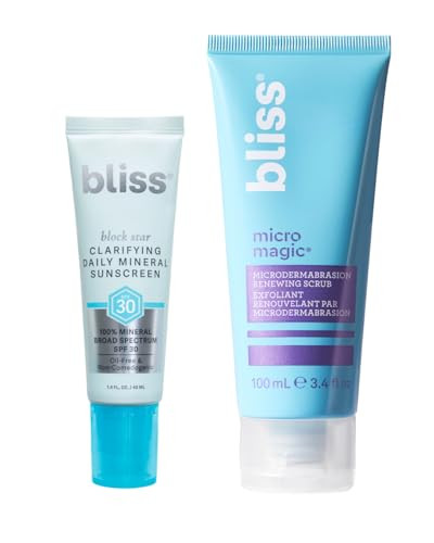 Bliss Exfoliate & Protect Set: Micro Magic Skin-Renewing Exfoliating Scrub (Packaging May Vary) + Block Star Clarifying Mineral Sunscreen Spf 30 For Oily And Acne-Prone Skin