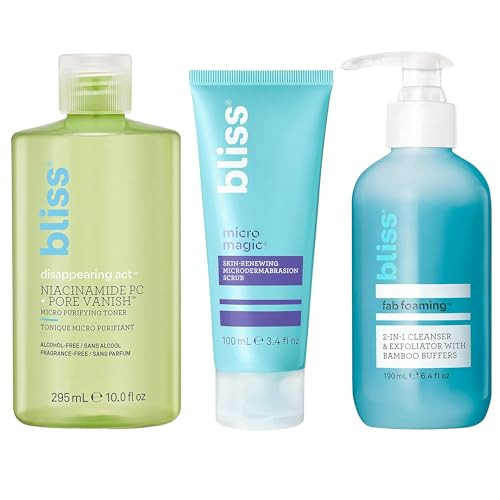 Bliss Radiant Renewal Kit: Micro Magic Exfoliating Scrub Disappearing Act Niacinamide Toner & Fab Foaming Cleanser - Vegan & Cruelty