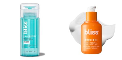 Bliss Clear Genius Clarifying Toner + Serum & Bright Idea Vitamin C + Tri-Peptide Collagen Boosting Serum - Clean - Vegan And Cruelty- Skincare