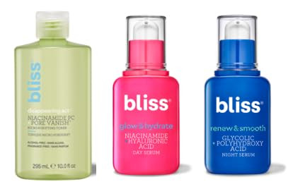 Bliss Glow & Hydrate Trio - Disappearing Act Niacinamide Toner Renew & Smooth Night Face Serum & Glow & Hydrate Serum - Pore Minimizing Exfoliating Hydrating - Clean Vegan & Cruelty-