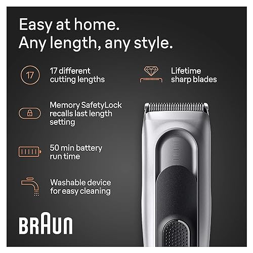 Braun Hair Clippers For Men Series 7 7390 Hair Clip From Home With 17 Length/Recall Setting Incl. Memory Safetylock Ultra-Sharp Blades 2 Combs Stand Pouch Washable