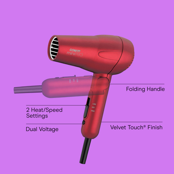Conair Mini Pro Hair Dryer Travel Hair Dryer With Folding Handle Red