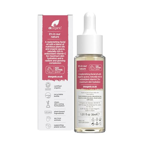 Dr. Organic Guava Vitamin C Moisture Boosting Oil Hydrating & Brightening For Dull Dehydrated Skin With Tropical Guava Extract 100% Natural Origin Vegan 30 Ml / 1 Fl Oz