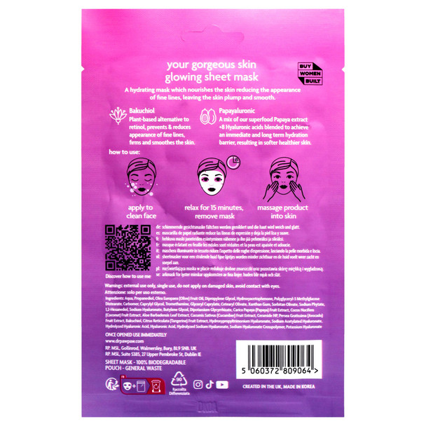 Dr. Pawpaw Your Gorgeous Skin Sheet Mask - Face Sheet Mask With Papayaluronic And Bakuchiol - Daily Sheet Mask 0.84 Oz