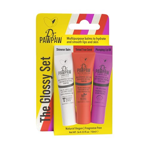 Dr. Pawpaw Glossy Set - Lip Balm And Oil Giftset - Nourish And Moisturize With Olive Oil And Aloe Vera - Improve Elasticity With Collagen 3 Pc