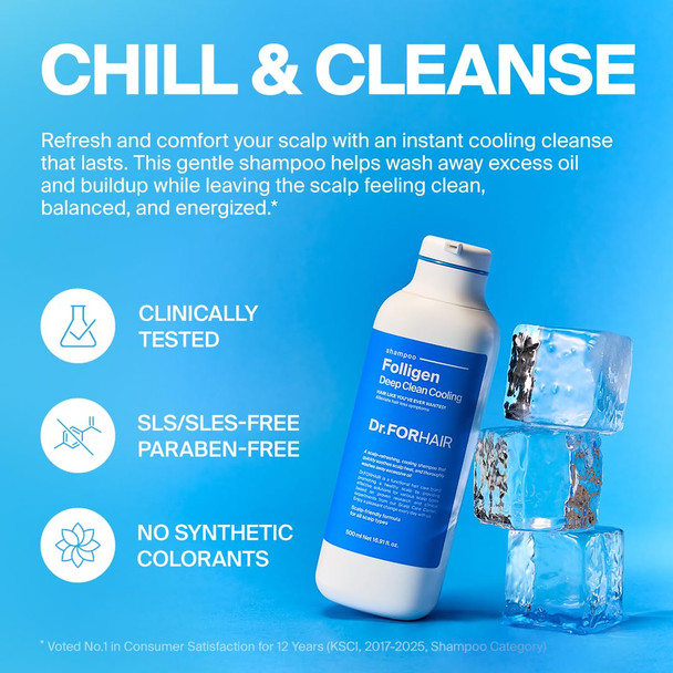 Dr.Forhair Folligen Deep Clean Cooling Shampoo Korean Hair Care Clarifying & Cooling Scalp Shampoo Anti Dandruff For Hair Thickening & Fuller Looking 16.91 Fl Oz