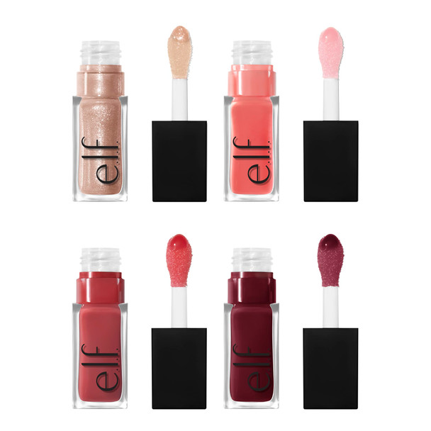 E.L.F. Glow Reviver Quad Goals Lip Oil Kit 4 Hydrating Non-Sticky Glossy Tinted Lip Oils Lip Gloss Set Moisturizing Lip Care Vegan & Cruelty-