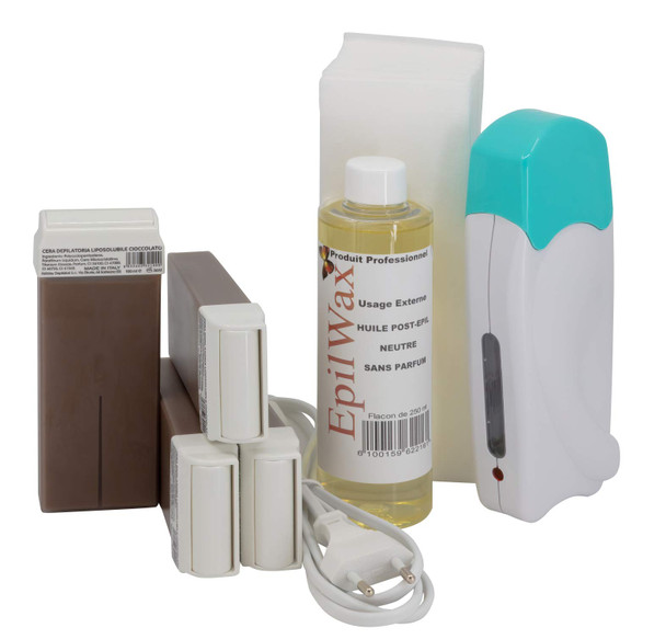 Epilwax Complete Hair Removal Waxing Kit - With 4 Chocolate Wax Roll-On Cartridges Roll On Wax Heater 100 Strips And Waxing Oil