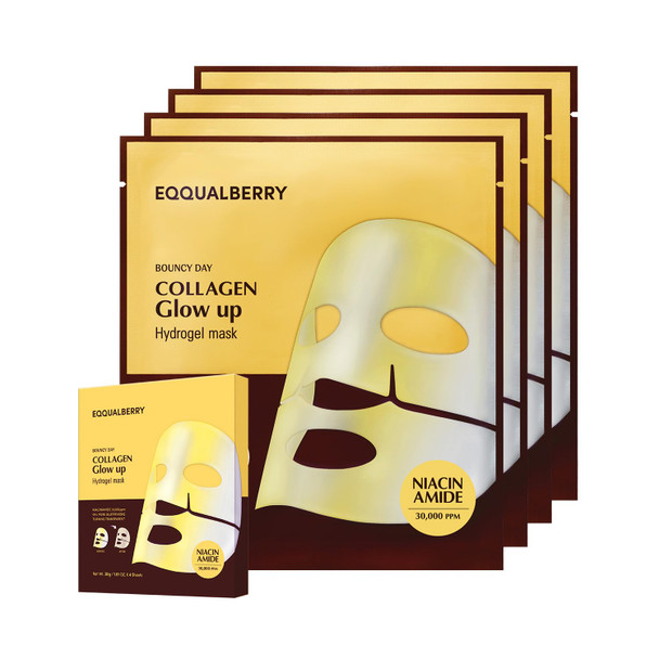 Eqqualberry Collagen Glow Up Mask - Niacinamide & Low Molecular Collagen For Brightening And Radiance Boosting Korean Collagen Face Mask For Glass Skin 4 Sheets 1.01 Oz