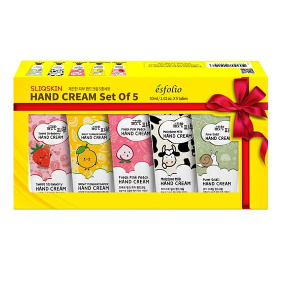 Esfolio Sliqskin Hand Cream Set Of 5 Lightweight Moisturizing Creams With Peach Lemon Milk Snail & Strawberry Extracts Travel-Size Non-Greasy Hydration For Dry Hands (5 X 30G / 1.05 Oz)