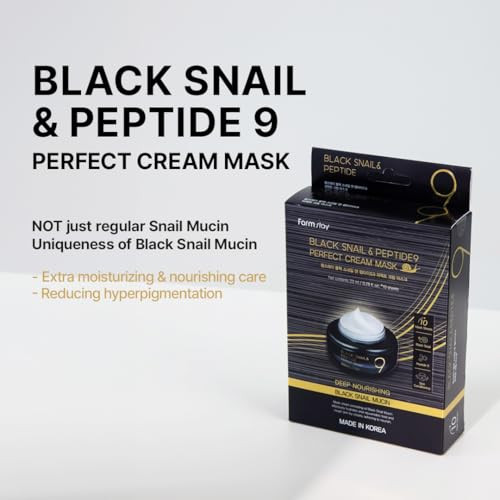 Farmstay Black Snail & Peptide 9 Cream Mask Korean Snail Mucin Mask Pack For Elastic & Glow Skin Hydrating & Anti-Aging Face Mask Pack Korean Skincare For Women & Men 10 Sheets (0.77 Fl. Oz Each)