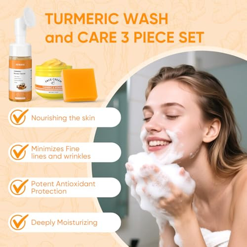 Femani Turmeric Soap Bar And Turmeric Face Cream And Turmeric Face Wash Set For Face & Body Facial Cleanser Soothing Hydrating Skin Care Set For All Skin Type Cleansing Mousse Bring A Bubble Net
