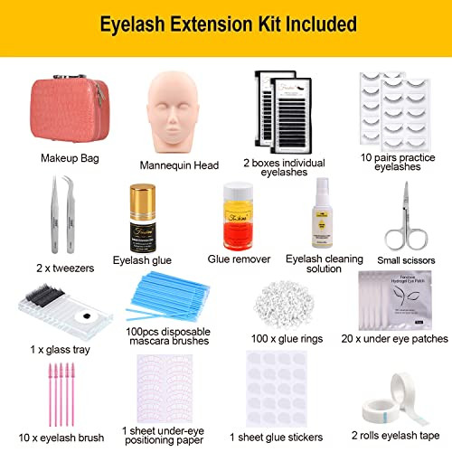 Fenshine Eyelash Extension Kits 17Pcs Professional Eyelash Grafting Training Tools Lashes Extension Practice Exercise Set With Mannequin Head Makeup Bag Glue Tweezers For Practice Eye Lashes Graft (17Pcs)
