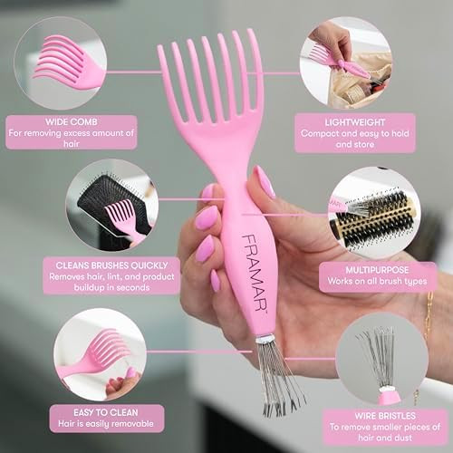 Framar Premium Hair Brush Cleaner Tool Hairbrush Cleaner Tool Brush Cleaner Tool For All Types Comb Cleaner 2 In 1 Design Removes Hair & Build Up Instantly Pink