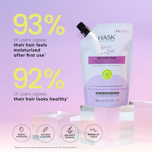 Hask Bonus Moisture Recovery Mask With Kukui Nut Oil & Pineapple Enzymes For Wavy Curly Coily & Kinky Hair Hydrates Softens Prevents Damage Vegan Sulfate- Cruelty- 8 Fl Oz