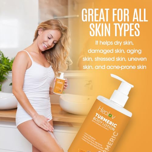 Healov Turmeric Lotion For Spots - Natural Turmeric Skin Brightening Cream For Face & Body - Cleanse Skin Fight Acne Even Tone Clear Scars Sun Damage & Discoloration - With Vitamin C