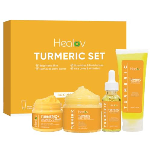 Healov Turmeric Skincare Set - Turmeric Skin Care Products Brightening & Acne - Turmeric Skin Care Kit Turmeric Skin Care Set - Turmeric Cleanser Body Scrub Face Cream & Facial Serum