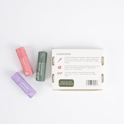 Hearth And Homestead: Handmade Tallow Lip Balm Collection: Unscented/Peppermint/Lavender-Spearmint (3X .33 Oz)