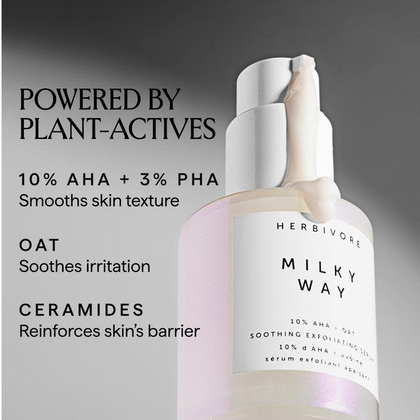 Herbivore Milky Way 10% Aha + Oat Soothing Exfoliating Serum Multitasking Instant Glow Formula With Ceramides & Hyaluronic Acid Plant-Based Vegan Cruelty- 30Ml / 1 Oz