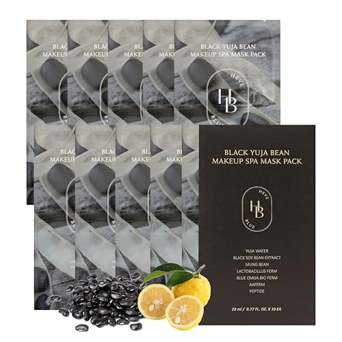 Heveblue Black Yuja Bean Makeup Spa Mask Pack 10Ea - 0.8 Fl. Oz Of Ampoule Per Sheet Nourishing Sensitive Skin Korean Skincare Aesthetic Moisturizing Vegan Hypoallergenic K-Beauty