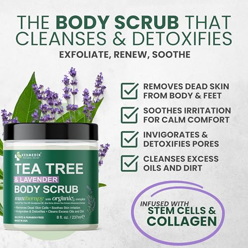 Kesmedik Pure Tea Tree Oil Body & Foot Scrub Himalayan Salt Exfoliating Scrub With Stem Cells & Shea Butter Antifungal Defense Acne Support Itchy Skin Relief Removes Dead Skin & Rough Patches