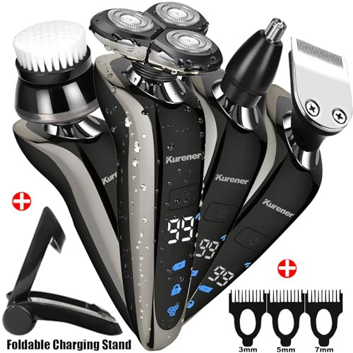 Kurener Electric Shaver Razor For Men Rechargeable 100% Waterproof Rotary For Shaving With Nose Trimmer Sideburns Trimmer Face Cleaning Brush