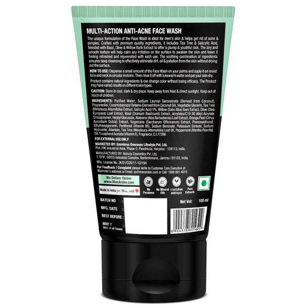 Man Arden Daily Multi-Action Anti Acne Face Wash For Oily Skin With Power Duo Tea Tree For Acne-Prone Skin 100 Ml