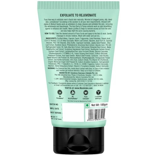 Man Arden Anti Acne Neem Face Scrub - For Oil Control And Clear Skin - Infused With Jojoba Seeds Neem Extract Olive Leaf And Acai Fruit Oil 100G