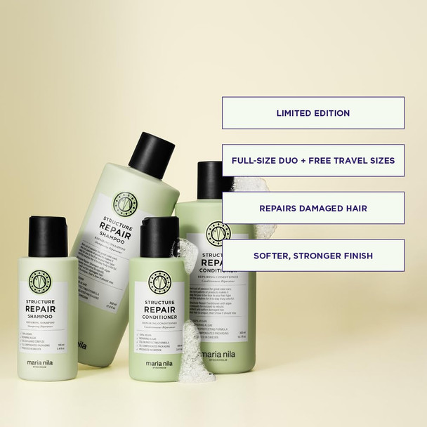 Maria Nila Structure Repair Beauty Bag For Damaged & Chemically Treated Hair Algae Extract Rebuilds Revitalizes & Repairs Hair (Shampoo & Conditioner 1 Full Size And 1 Travel Size)