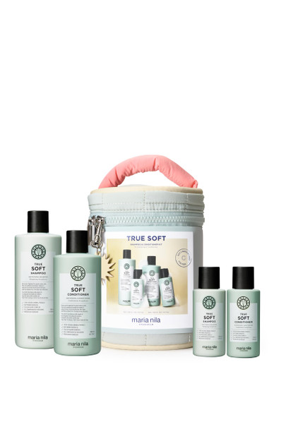 Maria Nila True Soft Beauty Bag For Dry Brittle Hair Argan Oil Remoisturises & Reduces Frizz (Shampoo & Conditioner 1 Full Size And 1 Travel Size)