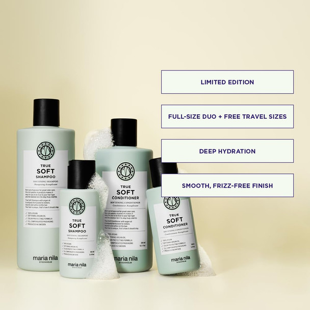 Maria Nila True Soft Beauty Bag For Dry Brittle Hair Argan Oil Remoisturises & Reduces Frizz (Shampoo & Conditioner 1 Full Size And 1 Travel Size)